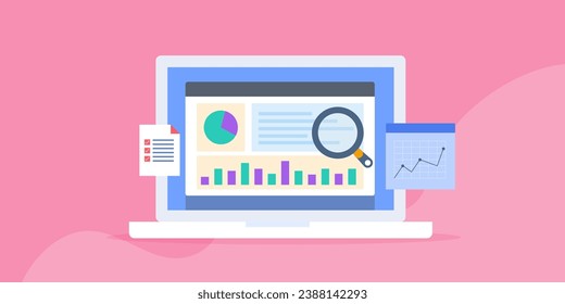 Data analysis concept, analyzing data with data analytics software on laptop screen, data visualization chart and graph - vector illustration background with icon 