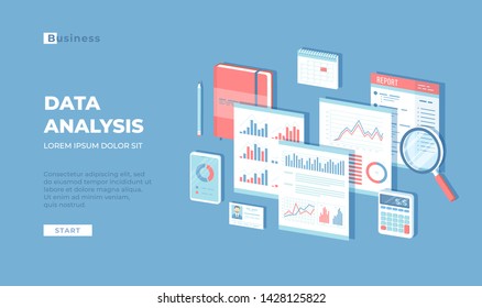 Data analysis concept, audit, SEO analytics, statistics, strategic, report, management. Charts, graphics on documents, magnifying glass, calendar, calculation. Isometric 3d vector 