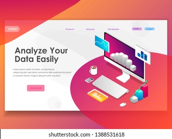 Data analysis concept banner. Can use for web banner, landing page, homepage, infographics, hero images. Flat isometric vector illustrations with trendy gradients.