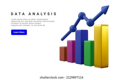 Data analysis concept banner. Growing bars graphic with rising arrow. Digital marketing. Vector illustration