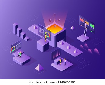 Data Analysis concept based isometric design with illustration of analysts alnalysis the data with the help of pie or bar graph for company growth or success.