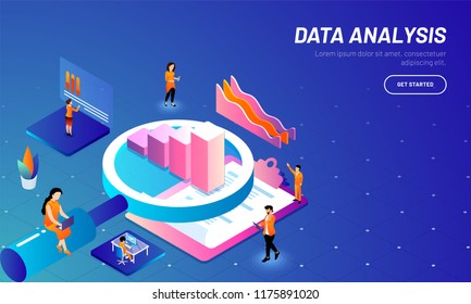 Data analysis concept based web template design with 3D illustration of magnifying glass, bar graph, clipboard and business analytics analysis the stats.