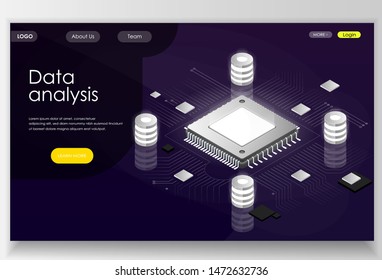 Data analysis concept. Big database with a big CPU image. Can use for landing page, websites, banners etc. Vector isometric illustration. 