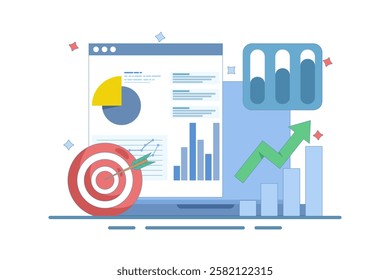data analysis concept, Business Graph Report on Laptop computer and Target Arrow. Financial graph, Increase in profit and financial income. Business Target Marketing. Flat vector illustration.