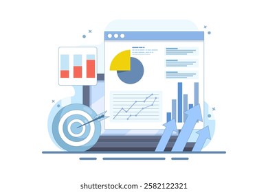 data analysis concept, Business Graph Report on Laptop computer and Target Arrow. Financial graph, Increase in profit and financial income. Business Target Marketing. Flat vector illustration.