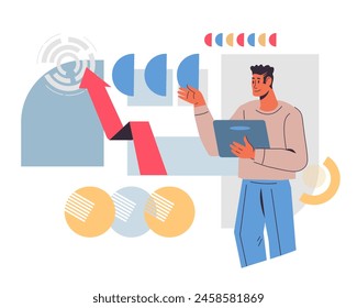 Data analysis concept with business person working with charts dashboard, Business statistics and market analytics, flat vector illustration isolated on white background.