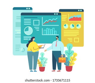 Concepto de análisis de datos. Construcción de proyectos empresariales. Desarrollo de aplicaciones. Trabajo creativo. Presentación de los trabajos. La gente está trabajando en la oficina. Ilustración de dibujos animados planos vectoriales