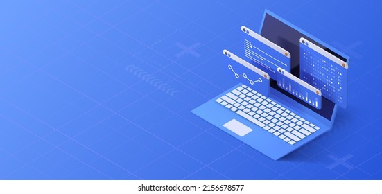 Concepto de análisis de datos. Ilustración del informe comercial. Antecedentes de la infografía financiera. Icono de portátil.