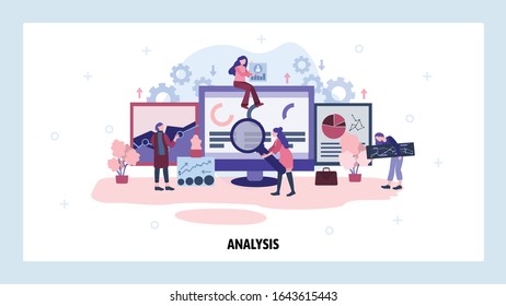 Data analysis concept. Business team doing financial research, dashboard analytics, chart, data report. Vector web site design template. Landing page website illustration