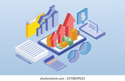 Data analysis concept with business team growing a successful business.on blue background.3D design.isometric vector design Illustration.