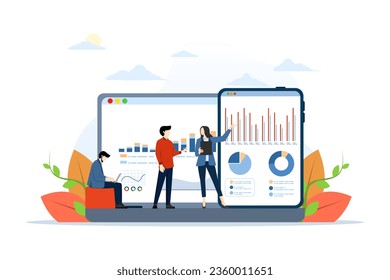 Data analysis concept with businessman character. Teamwork business analyst graphs and sales management statistical diagrams and operational reports flat vector illustration. Financial report metaphor