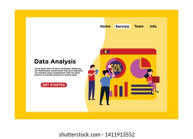 Data analysis concept with characters.. Analyzing, info graphic of workplace, workplace optimization, info graphic developer optimization, web banner template, web template, flat illustration.