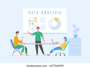 Data analysis concept with characters. Business Meeting Teamwork Concept. Man and Woman with Laptop. Colleagues Communicating Brainstorming, Discussion Idea. Vector flat cartoon illustration