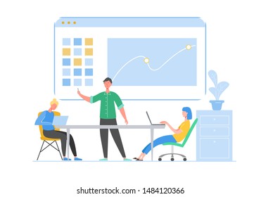 Data analysis concept with characters. Business Meeting Teamwork Concept. Man and Woman with Laptop. Colleagues Communicating Brainstorming, Discussion Idea. Vector flat cartoon illustration