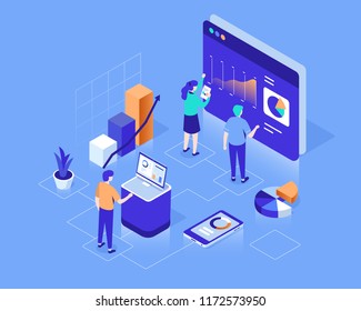 Data analysis concept with characters. Can use for web banner, infographics, hero images. Flat isometric vector illustration isolated on white background. 