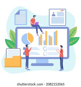 Data analysis concept with characters. Engine strategy, analyzing, infographic of workplace for developers, workspace for creative optimization. Template for web banner, flat design illustration