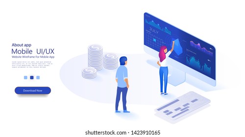 Data analysis concept with characters. PC with business graph and analytics data. Online statistics and data Analytics. People interact with charts. Can use for web banner. Isometric  illustration