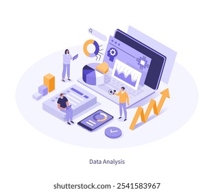 Data analysis concept. Characters using ai analytics to analyzing business data. Deep learning, artificial intelligence, algorithm, generative tool infographic template. Isometric vector illustration 