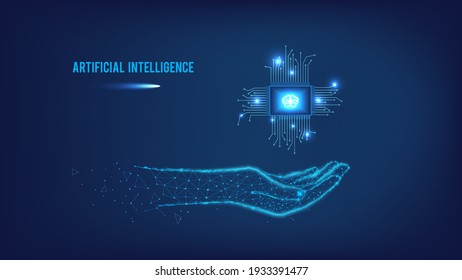  Data analysis concept and concepts of modern technologies such as nanotechnology,  machine learning. Artificial intelligence.Chip, brain in hand from triangles and points on dark blue background.