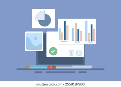 Data Analysis Concept, Creating New Ideas. Business Analysis. Data analysis, audit with mobile app. Digital document research with graphs on device screen. Flat vector illustration on background.