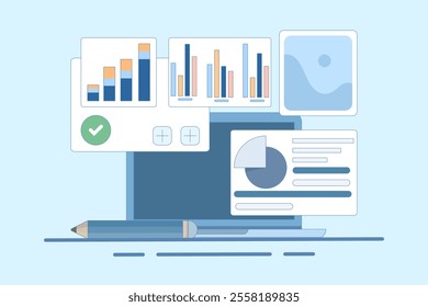 Data Analysis Concept, Creating New Ideas. Business Analysis. Data analysis, audit with mobile app. Digital document research with graphs on device screen. Flat vector illustration on background.