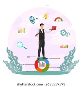 Data analysis concept, datum analytics or customer insight. Businessman standing on chart and graph working with data on laptop.