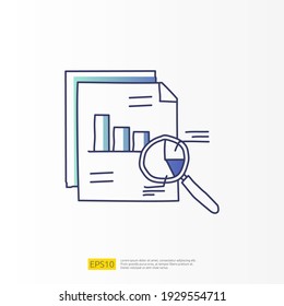 data analysis concept doodle gradient fill line icon with magnifier and graphic chart document. Statistics science, digital marketing and machine learning related for business strategy illustration