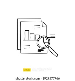 data analysis concept doodle linear icon with magnifier and graphic chart document. Statistics science technology, digital marketing and machine learning related for business strategy illustration