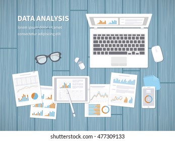 Data analysis concept. Financial Audit, SEO analytics, statistics, strategic, report, management. Charts, graphics on a laptop, tablet, smartphone, documents. View from above. Vector illustration.
