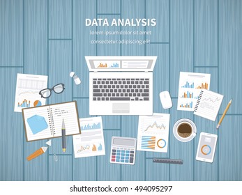 Data analysis concept. Financial Audit, SEO analytics, statistics, strategic, report, management. Charts, graphics on a screen and documents, notebook, tablet, calculator, flash card. Vector top view