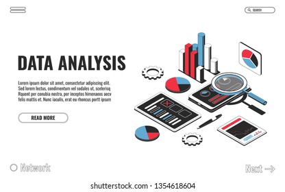 Data analysis concept, financial analysis, business strategy, audit. Laptop with chart, smartphone with diagram, clipboard with pen isolated on white background. Vector illustration