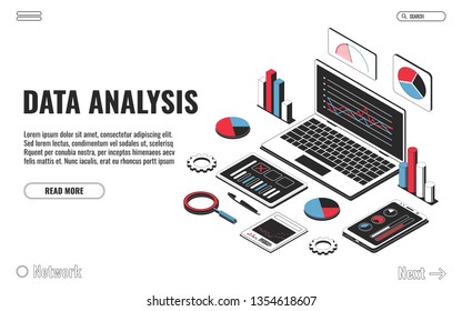 Data analysis concept, financial analysis, business strategy, audit. Laptop with chart, smartphone with diagram, clipboard with pen isolated on white background. Vector illustration