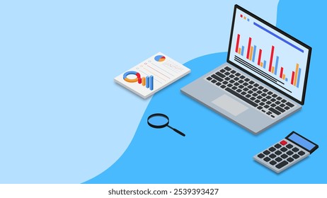 Data analysis concept. Financial report, business investment, with 3d isometric laptop, document, calculator and magnifying glass. Vector illustration