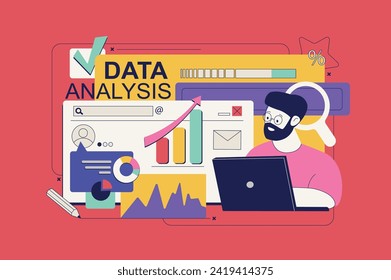 Data analysis concept in flat neo brutalism design for web. Man researching statistic diagrams or charts, searching information online. Vector illustration for social media banner, marketing material.