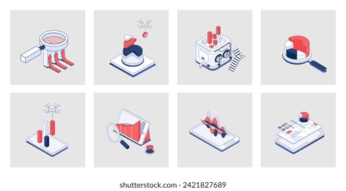 Data analysis concept of isometric icons in 3d isometry design for web. Analytics research, statistic search, chart and graph dashboard analyzing, marketing report and audit. Vector illustration