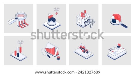Data analysis concept of isometric icons in 3d isometry design for web. Analytics research, statistic search, chart and graph dashboard analyzing, marketing report and audit. Vector illustration