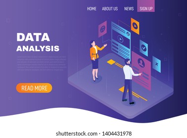 Data analysis concept. Isometric template for websites. People with dashboard