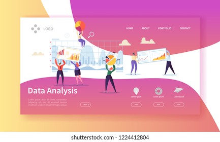 Data Analysis Concept Landing Page. Flat People Characters Building Dashboard Graph Website Template. Easy Edit and Customize. Vector illustration