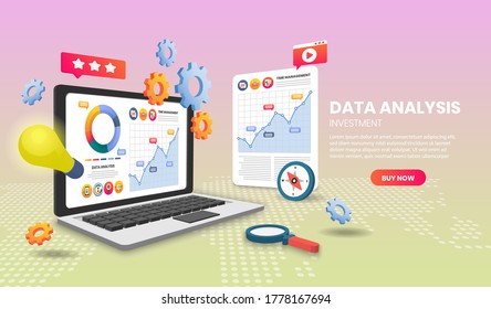 Data analysis concept with laptop. 3d vector illustration,Hero image for website