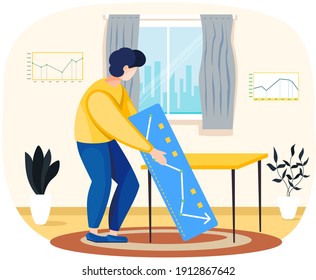 Concepto de análisis de datos con cartón de mano de hombre con gráfico de flecha ascendente, analista de trabajo. Pequeña persona de pie en la sala de estar y bloque de desarrollo estadístico de la información, investigación empresarial