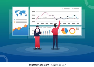 Data Analysis Concept. man and woman In front of the big screen for data analysis. Suitable for web landing page, ui, mobile app, editorial design, flyer, and banner. vector illustration