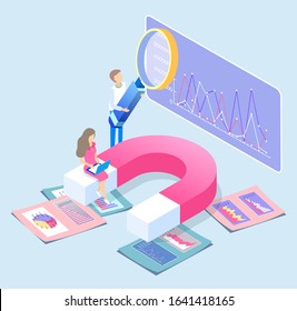Data analysis concept. Man and woman working on statistics explanation. Person making research using magnifying glass tool. Female character working on laptop sitting on magnet, vector in flat style