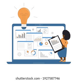 Data analysis concept. Manager with presentation. Female consultant with online report. Vector color line art illustration.