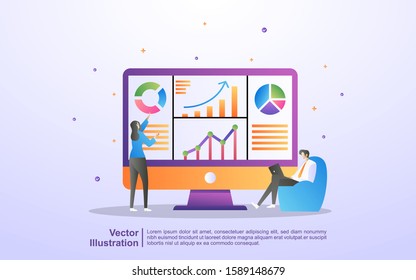 Data analysis concept. People analyze chart movements and business development. Data management, auditing and reporting. Can use for web landing page, banner, flyer, mobile app. Vector Illustration