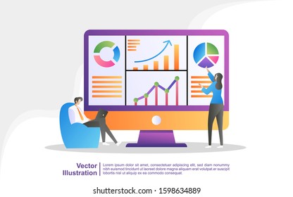 Data analysis concept. People analyze chart movements and business development. Data management, auditing and reporting. Can use for web landing page, banner, flyer, mobile app. Vector Illustration