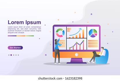 Data analysis concept. People analyze chart movements and business development. Data management, auditing and reporting. Can use for web landing page, banner, flyer, mobile app. Vector Illustration
