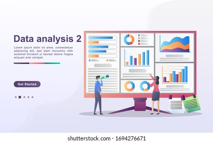 Data analysis concept. People analyze chart movements and business development. Data management, auditing and reporting. Can use for web landing page, banner, flyer, mobile app. Vector Illustration