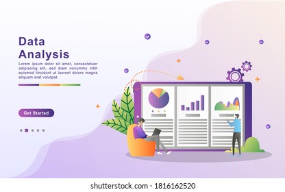 Data analysis concept. People analyze chart movements and business development. Data management, auditing and reporting. Can use for web landing page, banner, flyer, mobile app. Vector Illustration.