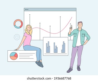 Data analysis concept. People business partners workers analysing financial data and marketing information statistics. Flat vector illustration