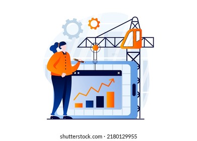 Data analysis concept with people scene in flat cartoon design. Woman working with statistics at presentation, analyzing growth charts, accounting and audit. Vector illustration visual story for web